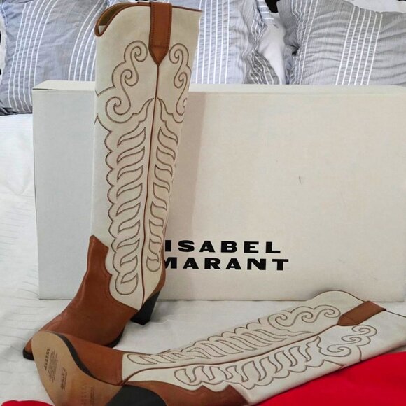 Isabel Marant Shoes - Isabel Marant Two-Tone Tan and Cream Western Knee-High Heeled Boots
